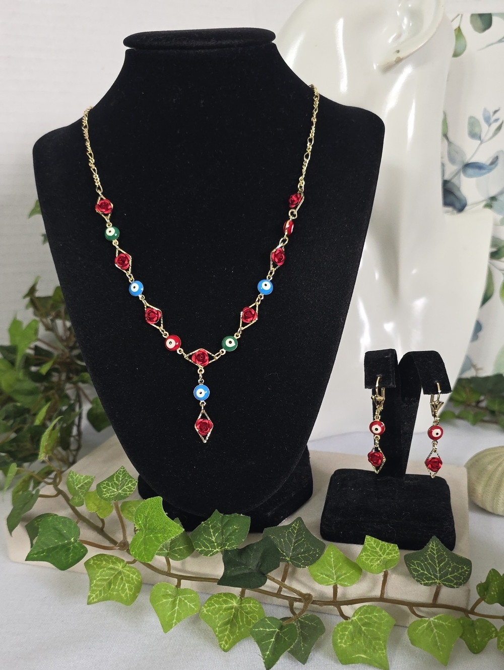 Gold Filled Chain Necklace Earrings Set Red Rose Evil Eye